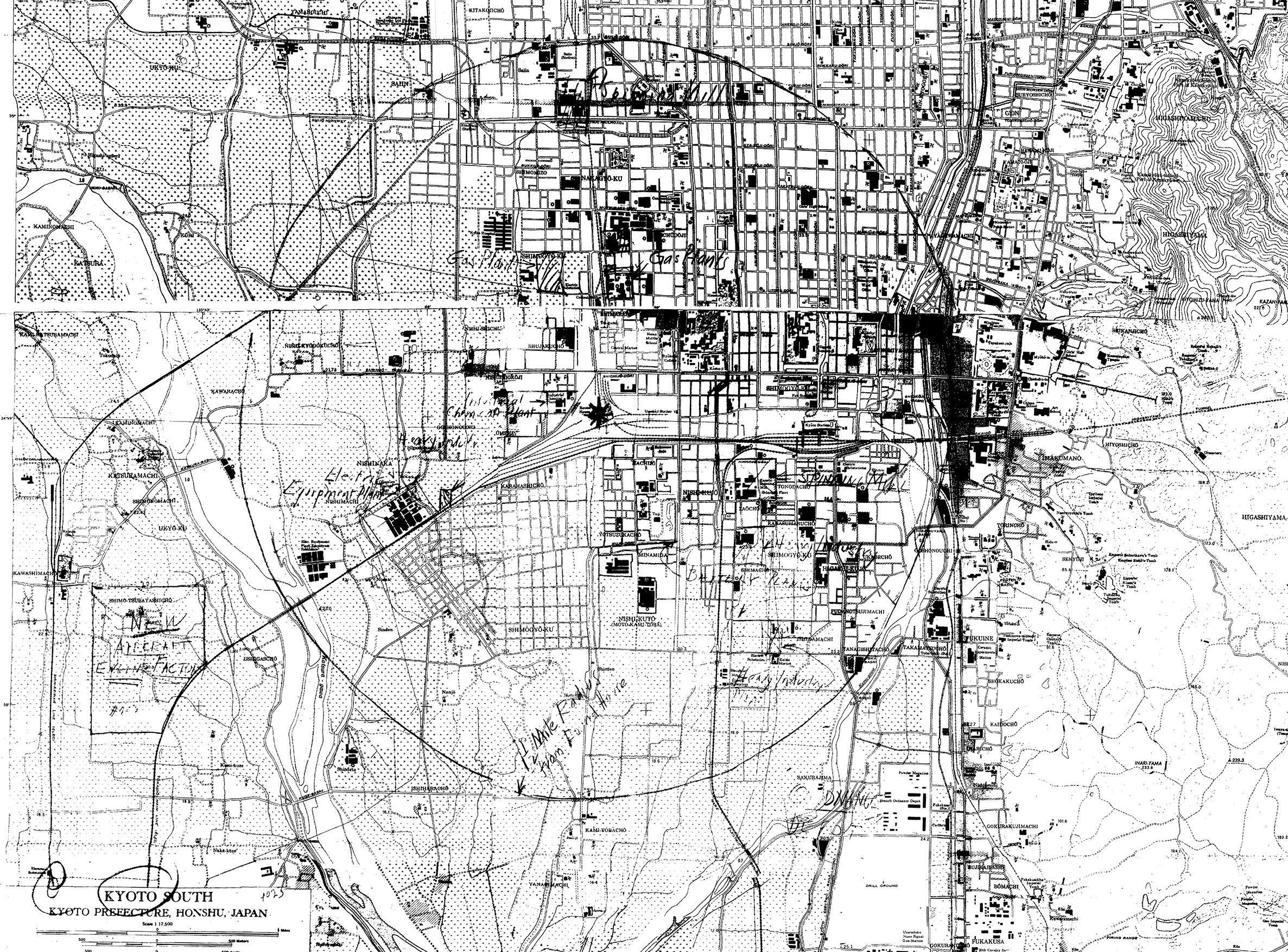 La "zona cero" del ataque nuclear contra Kioto que nunca llegó a producirse, según un mapa de la USAAF de junio de 1945.